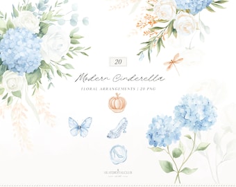 Watercolor Modern Cinderella  Floral Arrangements, Blue Hydrangea White Roses PNG, French Floral Clipart, Romantic  Flowers Digital Download