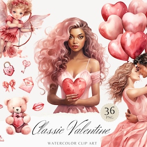 Watercolor Classic Valentine Clipart Bundle, Valentines Day Clip Art PNG, Romantic, Love Clipart, Digital Download Stickers, Commercial Use