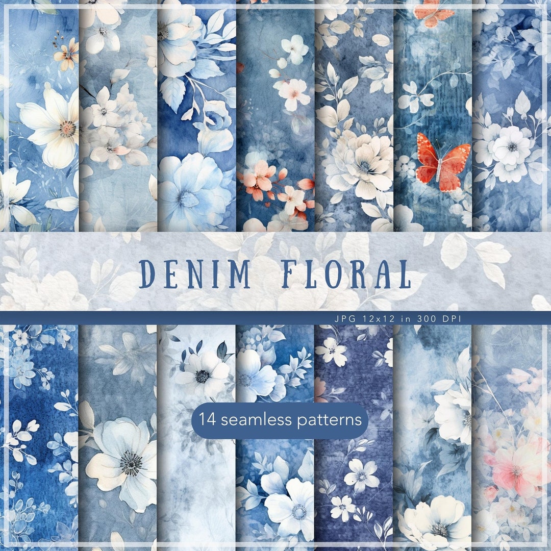 Seamless Watercolor Floral Denim Patterns, Old Vintage Textures, JPEG ...