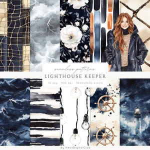 Watercolor Lighthouse Keeper Seamless Patterns, Nautical JPEG, Lighthouse, Ocean Water, Marine Digital Repeating pattern, Scrapbook Paper