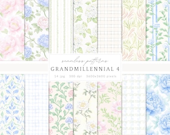 Watercolor Grandmillennial Seamless Patterns, Pastel Floral JPEG, Stripes, Plaid, Glitter, Digital Repeating pattern, Scrapbook Paper