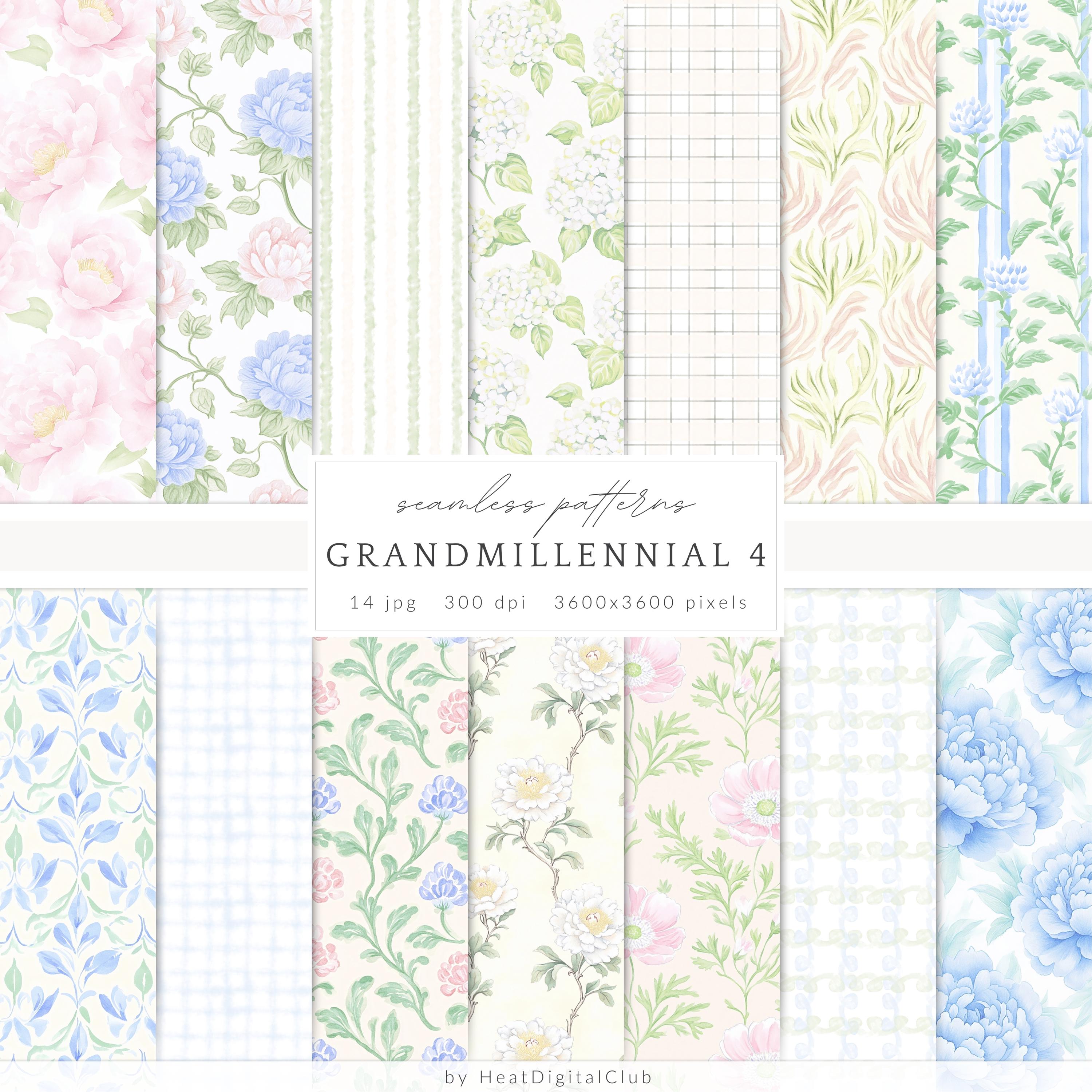 Aquarell Grandmillennial nahtlose Muster, Pastellblumen JPEG, Streifen, kariert, Glitzer, digitales Rapportmuster, Scrapbookpapier