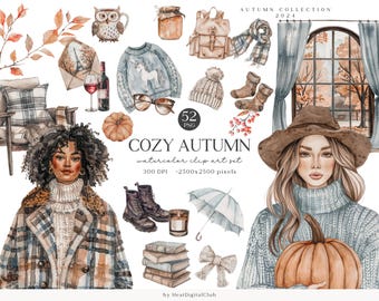 Watercolor Cozy Autumn Clipart Bundle, Fall ClipArt PNG, Neutral Cozy Fall Images, Cottagecore, Pumpkin, Digital Download, Commercial Use