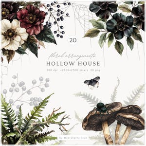 May include: Watercolor floral arrangements featuring dark burgundy and cream flowers, green leaves, and berries. A spider web, butterfly, and mushrooms are also included. The text reads "Floral arrangements HOLLOW HOUSE".