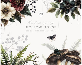 Watercolor Gothic Floral Arrangements Clipart, Dark Cottagecore PNG (Digital Download)