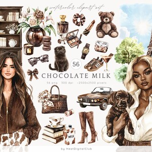 May include: A watercolor clipart set with the title "CHOCOLATE MILK" featuring 56 images, including a woman with brown hair wearing a brown sweater and a white and brown skirt, a woman with brown hair wearing a white shirt, a brown teddy bear, a brown cat, a brown car, a brown dog, a brown purse, a brown bookshelf, a brown milk carton, a brown Eiffel Tower, and a pair of brown boots.