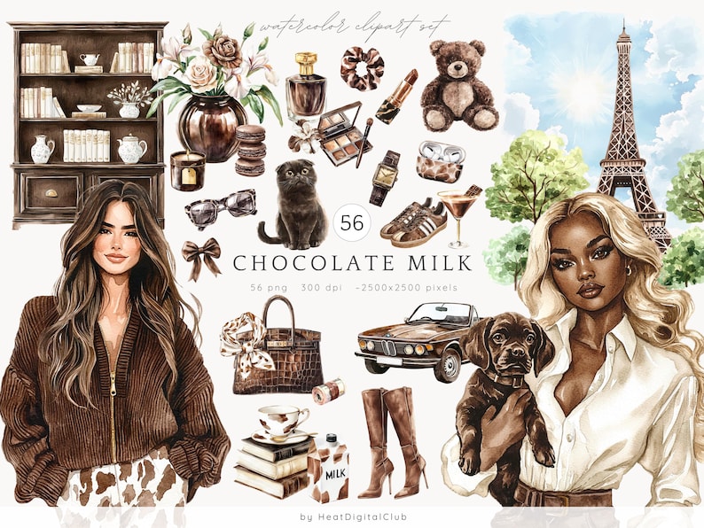 May include: A watercolor clipart set with the title "CHOCOLATE MILK" featuring 56 images, including a woman with brown hair wearing a brown sweater and a white and brown skirt, a woman with brown hair wearing a white shirt, a brown teddy bear, a brown cat, a brown car, a brown dog, a brown purse, a brown bookshelf, a brown milk carton, a brown Eiffel Tower, and a pair of brown boots.