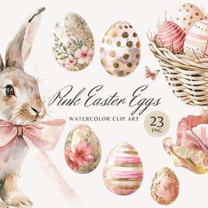 Aquarell Rosa Ostereier Clipart, Pastell Ostern Clip Art, Osterhase, Frühling Clipart, Frohe Ostern PNG, Gemütliche Ostern, digitale Aufkleber