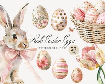 Watercolor Pink Easter Eggs Clipart, Pastel Easter Clip Art, Easter Bunny, Spring Clipart, Happy Easter PNG, Cozy Easter, Digital Stickers