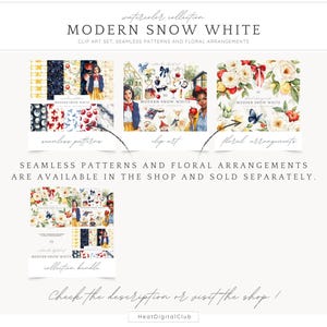 May include: A digital clipart set featuring a modern take on Snow White. The set includes seamless patterns, clip art, and floral arrangements. The illustrations are in a watercolour style and feature a variety of colours, including red, blue, white, and green.
