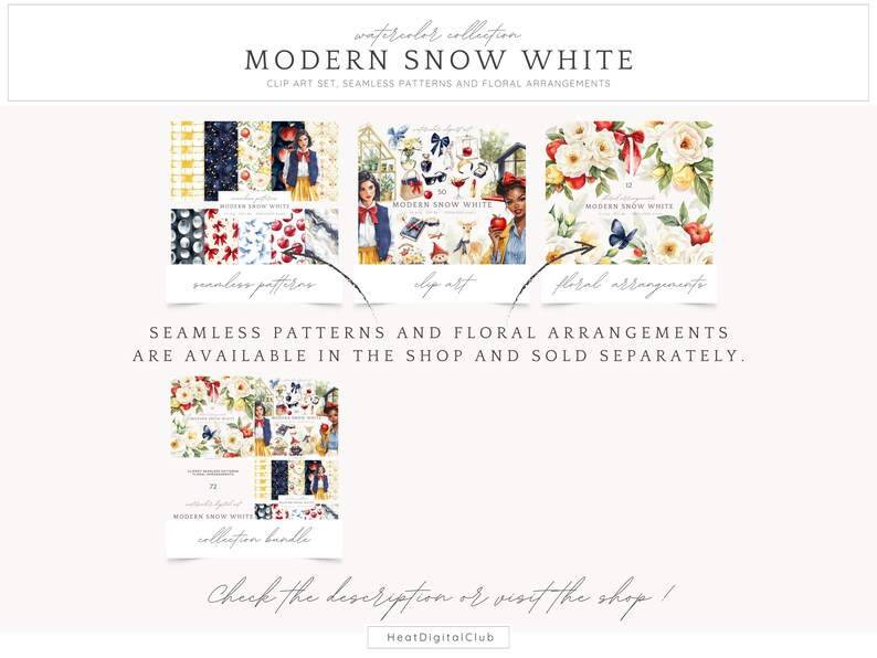 May include: A digital clipart set featuring a modern take on Snow White. The set includes seamless patterns, clip art, and floral arrangements. The illustrations are in a watercolour style and feature a variety of colours, including red, blue, white, and green.