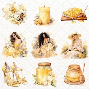 May include: A set of watercolor illustrations featuring honey, flowers, and women. The illustrations include a jar of honey, a honeycomb, a candle, a bee, flowers, and three women in yellow dresses.