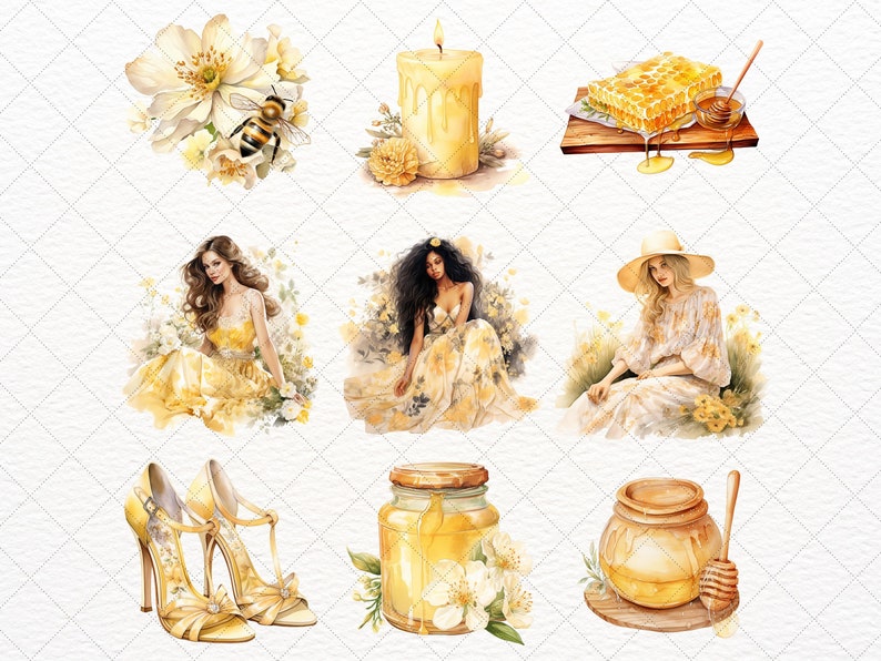 May include: A set of watercolor illustrations featuring honey, flowers, and women. The illustrations include a jar of honey, a honeycomb, a candle, a bee, flowers, and three women in yellow dresses.