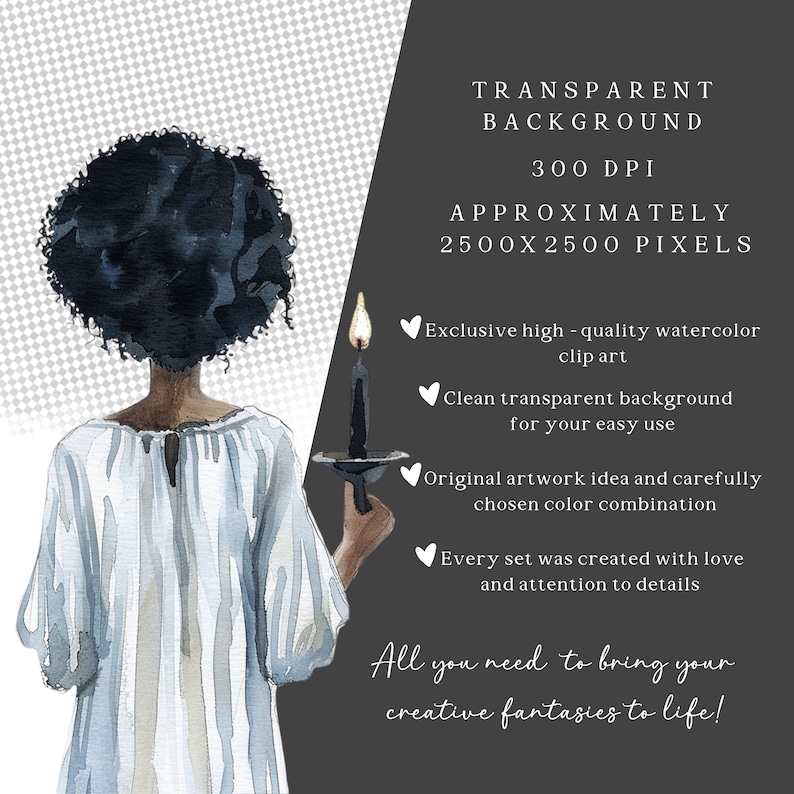 May include: Watercolor illustration of a person with curly black hair holding a lit candle. The person is wearing a white dress and is facing away from the viewer. The background is transparent.