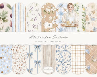 French Cottagecore Seamless Patterns, Watercolor Floral Digital papers (Digital Download)
