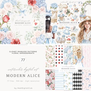 Aquarelle moderne Alice Clipart, clipart Alice au pays des merveilles, Alice Adventures PNG, Tea Party, clipart Cottagecore, autocollants numériques