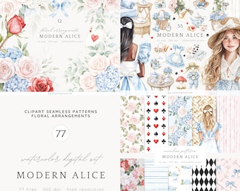 Aquarel Alice in Wonderland Clipart, Bloemen PNG, Cottagecore Stickers (Digitale Download)