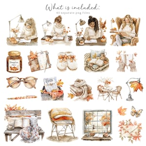May include: A set of watercolor illustrations featuring cozy autumn scenes. The illustrations include a woman reading a book, a cup of coffee, a jar of pumpkin spice, a window with fall foliage, a book with a bookmark, a pair of mittens, a bench with a blanket, a chair with a throw, and a table with a vase of flowers. The illustrations are perfect for adding a touch of autumn to your projects.