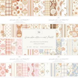 May include: A digital collection of 56 seamless patterns titled Grandmillennial Fall, featuring floral, plaid, striped, and pumpkin motifs in muted orange, brown, blue, and cream tones. The set includes four groups of 14 JPG files at 300 dpi.