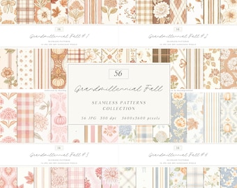 Watercolor Grandmillennial Fall Seamless Patterns Bundle, Autumn Floral Plaid Stripes Digital Repeating Pattern (Digital Downloads)