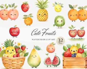 Watercolor Cute Fruits Clipart Bundle, Funny Fruits Berries Clip Art, Kids PNG, Children, Nursery, Digital Download Stickers, Commercial Use