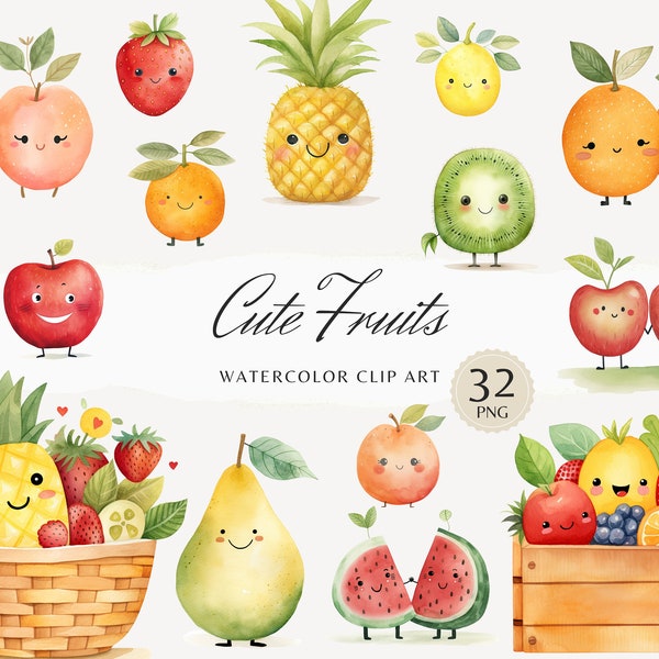 Watercolor Cute Fruits Clipart Bundle, Funny Fruits Berries Clip Art, Kids PNG, Children, Nursery, Digital Download Stickers, Commercial Use