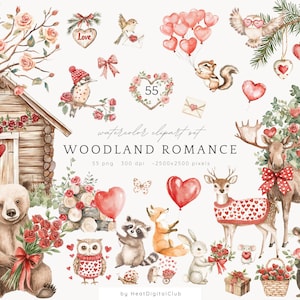 Aquarelle forêt des cliparts romantiques, clipart Saint-Valentin, animaux romantiques, amour mignon PNG, renard, ours, cerf, téléchargement numérique