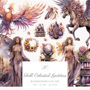 Puede incluir: Un conjunto de 30 imágenes de arte de clip de acuarela con un tema de diosa celestial de otoño. Las imágenes incluyen un fénix, un unicornio alado, una mujer con un vestido morado, una mujer con un vestido marrón, una bola de cristal, un castillo, una botella de poción, una corona y una estantería con botellas de poción. Las imágenes son perfectas para el scrapbooking digital, la creación de tarjetas y otros proyectos creativos.