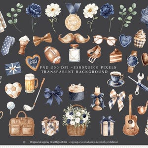 May include: Watercolor illustration of various objects, including a blazer, shoes, flowers, a tie, a football, a watch, a guitar, and a trophy. The image includes the text "BEST DAD" and "DAD".