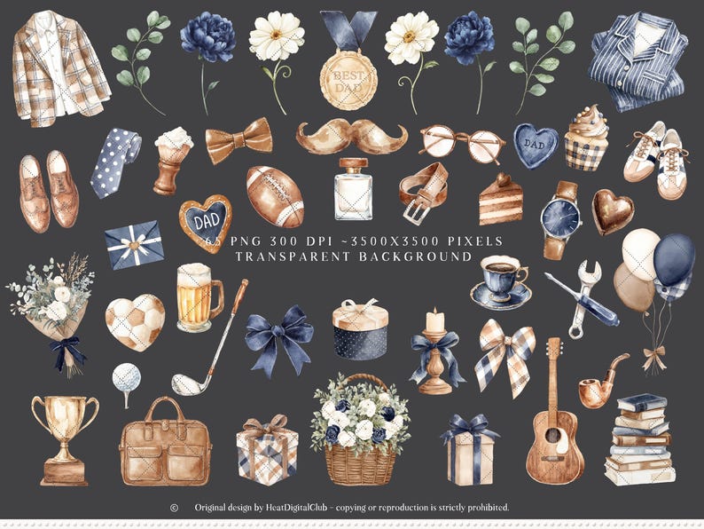 May include: Watercolor illustration of various objects, including a blazer, shoes, flowers, a tie, a football, a watch, a guitar, and a trophy. The image includes the text "BEST DAD" and "DAD".
