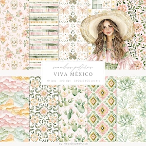 May include: A set of 10 digital seamless patterns featuring a variety of Mexican-inspired designs. The patterns include floral motifs, cactus plants, butterflies, skulls, and geometric patterns in shades of pink, green, and yellow. The text "Viva México" is displayed in the center of the image.