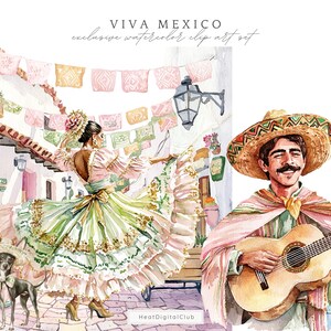Watercolor Viva Mexico Clipart Bundle, Cinco de Mayo, Mexico Clip Art, Pinata, Mexican party, Cactus, Tequila, Guitar, Fiesta, Sombrero image 7