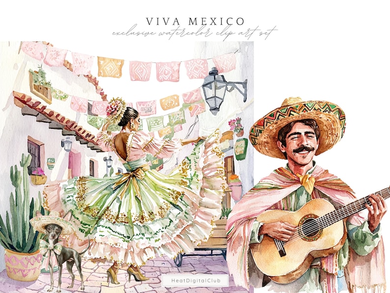 Watercolor Viva Mexico Clipart Bundle, Cinco de Mayo, Mexico Clip Art, Pinata, Mexican party, Cactus, Tequila, Guitar, Fiesta, Sombrero image 7