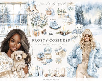 May include: Watercolor clipart set titled "Frosty Coziness" featuring winter-themed illustrations. Includes images of ice skates, snow boots, gifts, a teddy bear, and a woman in a fur coat. The set also includes a woman holding a puppy and a winter landscape.