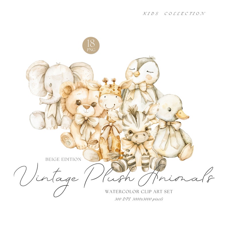 Watercolor Plush Animals Clipart, Vintage Nursery Art, PNG (digital ...