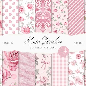 Motivi senza soluzione di continuità con roseti ad acquerello, JPEG floreale pastello rosa, carta da scrapbooking stampabile con glitter shabby chic a quadri a strisce, diario spazzatura