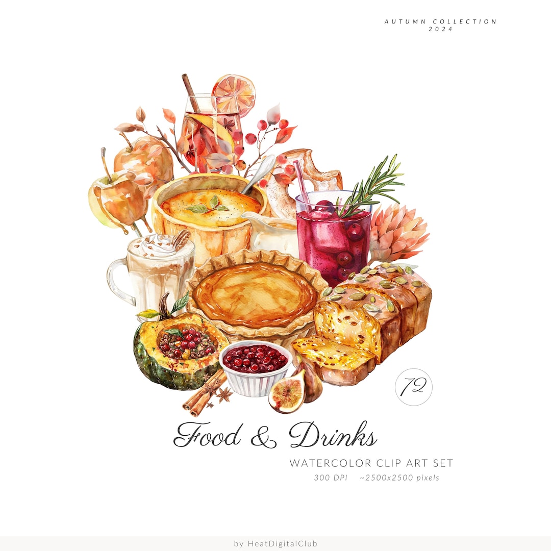 Imágenes prediseñadas de comida y bebida de otoño en acuarela, imágenes  prediseñadas de postres de otoño, comida y decoración de otoño, otoño en ..., image size:1080x1080