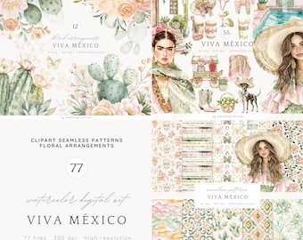 Watercolor Viva Mexico  Clipart Bundle, Cinco de Mayo, Mexico Clip Art, Pinata, Mexican party, Cactus, Tequila, Guitar, Fiesta, Sombrero