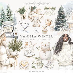 Imágenes prediseñadas de invierno con acuarela de vainilla, paquete de imágenes prediseñadas de invierno acogedor, imágenes prediseñadas de invierno rústico, imágenes prediseñadas de Cottagecore, descarga digital, uso comercial