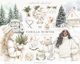May include: A watercolor clipart set with a winter theme. The set includes a snowman, a woman wearing a white sweater and bunny ears, a gingerbread person, a car with presents, a house, a heart, a cup of coffee, a cupcake, and a wreath. The set is perfect for creating winter-themed designs.
