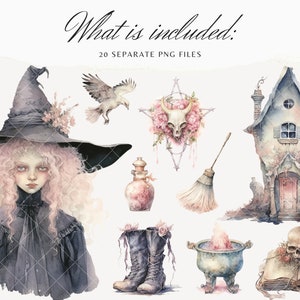 May include: A watercolor illustration set featuring a witch with pink hair, a black hat, and a black dress. The set also includes a house, a broom, a cauldron, a skull, a book, a bottle, boots, and a bird. The illustrations are in a whimsical style with a pink and gray color palette.