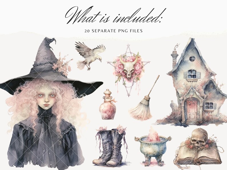 May include: A watercolor illustration set featuring a witch with pink hair, a black hat, and a black dress. The set also includes a house, a broom, a cauldron, a skull, a book, a bottle, boots, and a bird. The illustrations are in a whimsical style with a pink and gray color palette.