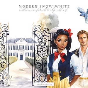 May include: A watercolour illustration of Snow White and Prince Charming in modern attire. Snow White is wearing a white shirt, a blue waistcoat, a yellow skirt, and a red bow. Prince Charming is wearing a white shirt, a blue blazer, beige trousers, and a gold belt. They are standing in front of a large, ornate iron gate. The background is a watercolour painting of a white house with a green lawn.