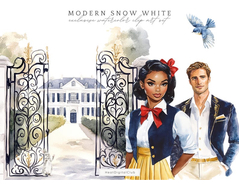 May include: A watercolour illustration of Snow White and Prince Charming in modern attire. Snow White is wearing a white shirt, a blue waistcoat, a yellow skirt, and a red bow. Prince Charming is wearing a white shirt, a blue blazer, beige trousers, and a gold belt. They are standing in front of a large, ornate iron gate. The background is a watercolour painting of a white house with a green lawn.