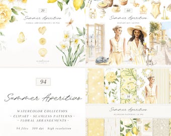 Watercolor Summer Aperitivo  Clipart, Italian Lemon Clipart, Limoncello Aesthetic, Citrus Clipart, Mediterranean Travel PNG, Digital