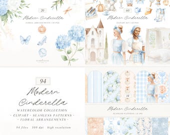 Watercolor Modern Cinderella Clipart, Cottagecore Clip Art, Fantasy PNG, Cinderella clip art, Fairytale PNG, Digital Download Commercial use