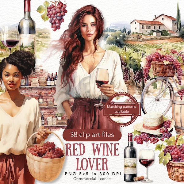 Watercolor Red Wine Lover Clipart Bundle, Romantic  Cottagecore ClipArt PNG, Watercolor Grapes, Commercial Use countryside digital download