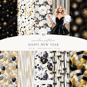 Puede incluir: Una colección de diez patrones sin costuras con temática de Año Nuevo. Los diseños presentan elementos dorados, negros y blancos, incluyendo estrellas, confeti, arreglos florales y globos. La imagen también incluye una mujer con un vestido negro.