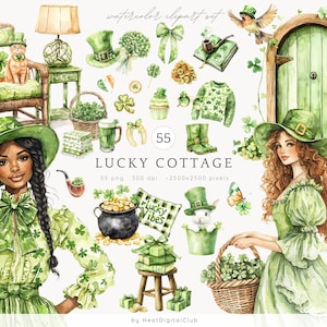 Clipart aquarelle de la Saint-Patrick, Lucky Cottage PNG, clipart irlandais, vert la Saint-Patrick, png vert Patrick, clipart Cottagecore