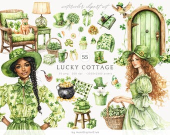 Watercolor St. Patrick's Day Cottage Clipart, PNG (Digital Download)